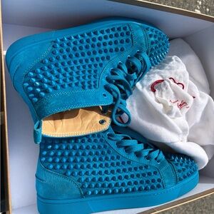 Christian Louboutin Turquoise Blue Spike Low-Top Sneakers with Red Soles